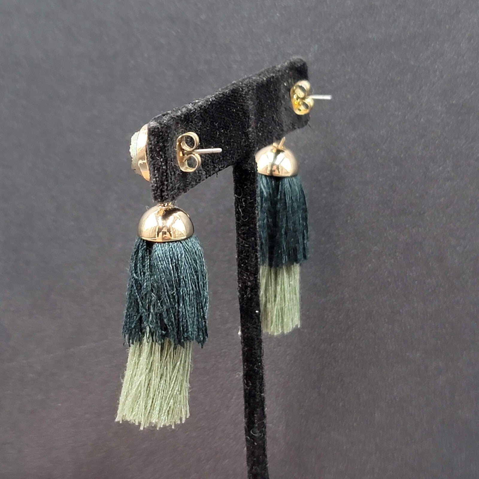 Pierced Earrings Gold tone Green Tassel Faux Druzy Dangle 2.25"