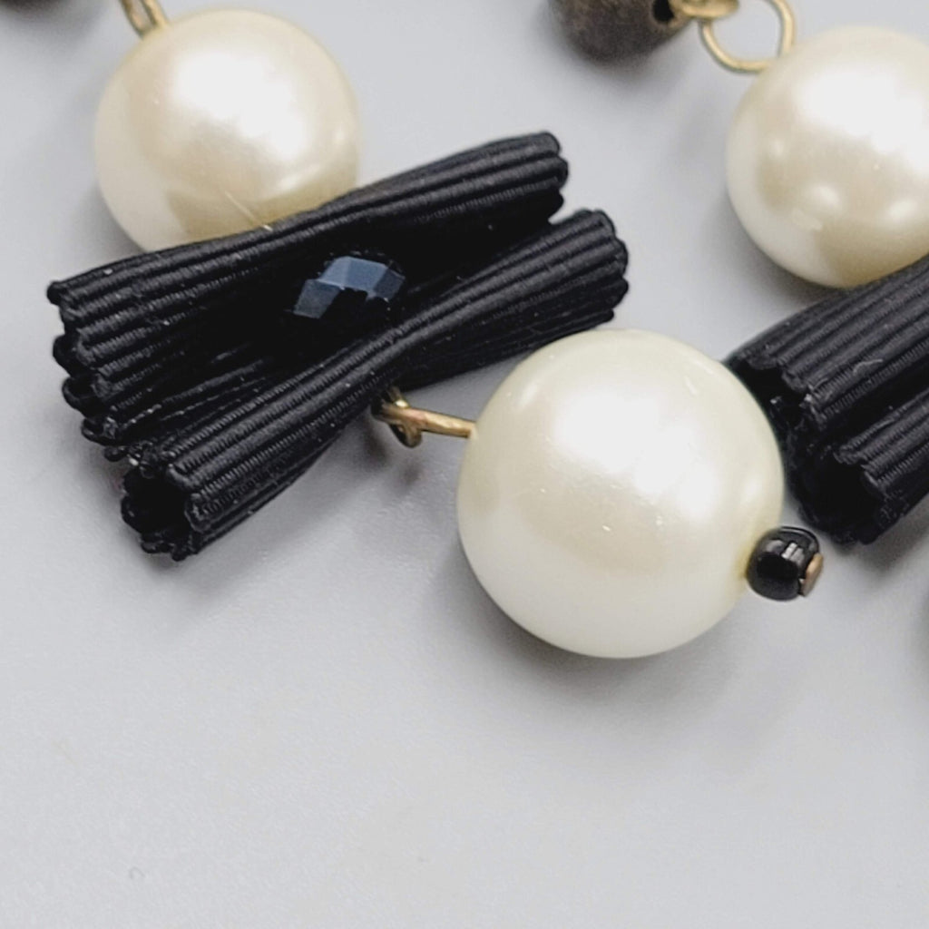 Chicos Pierced Earrings Gold tone White Bead Black Grosgrain Ribbon Dangle NWT
