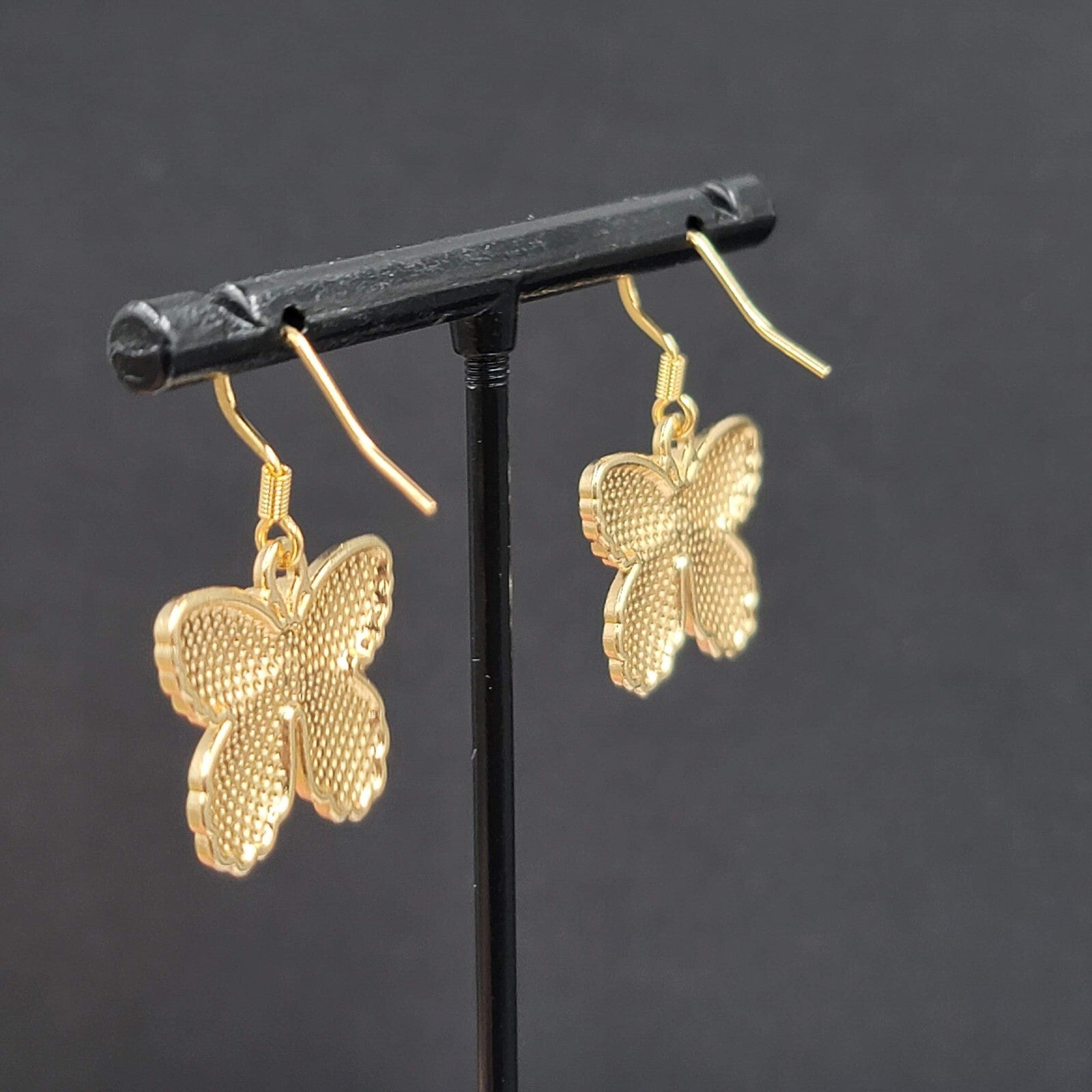 Black Gray Moth Enamel Pierced Earrings Gold tone Dangle Butterfly 3/4"