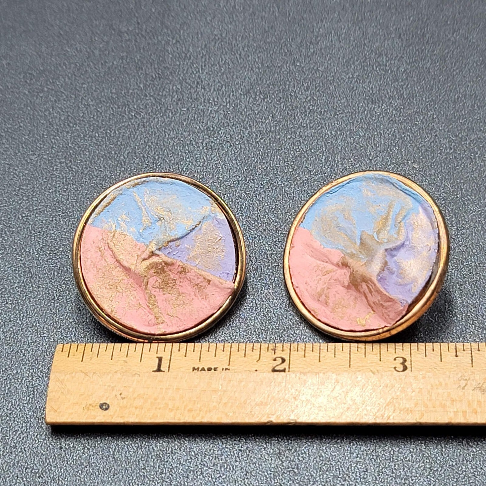 Vintage Pierced Earrings Gold tone Pink Purple Pastel Disc  1.5"