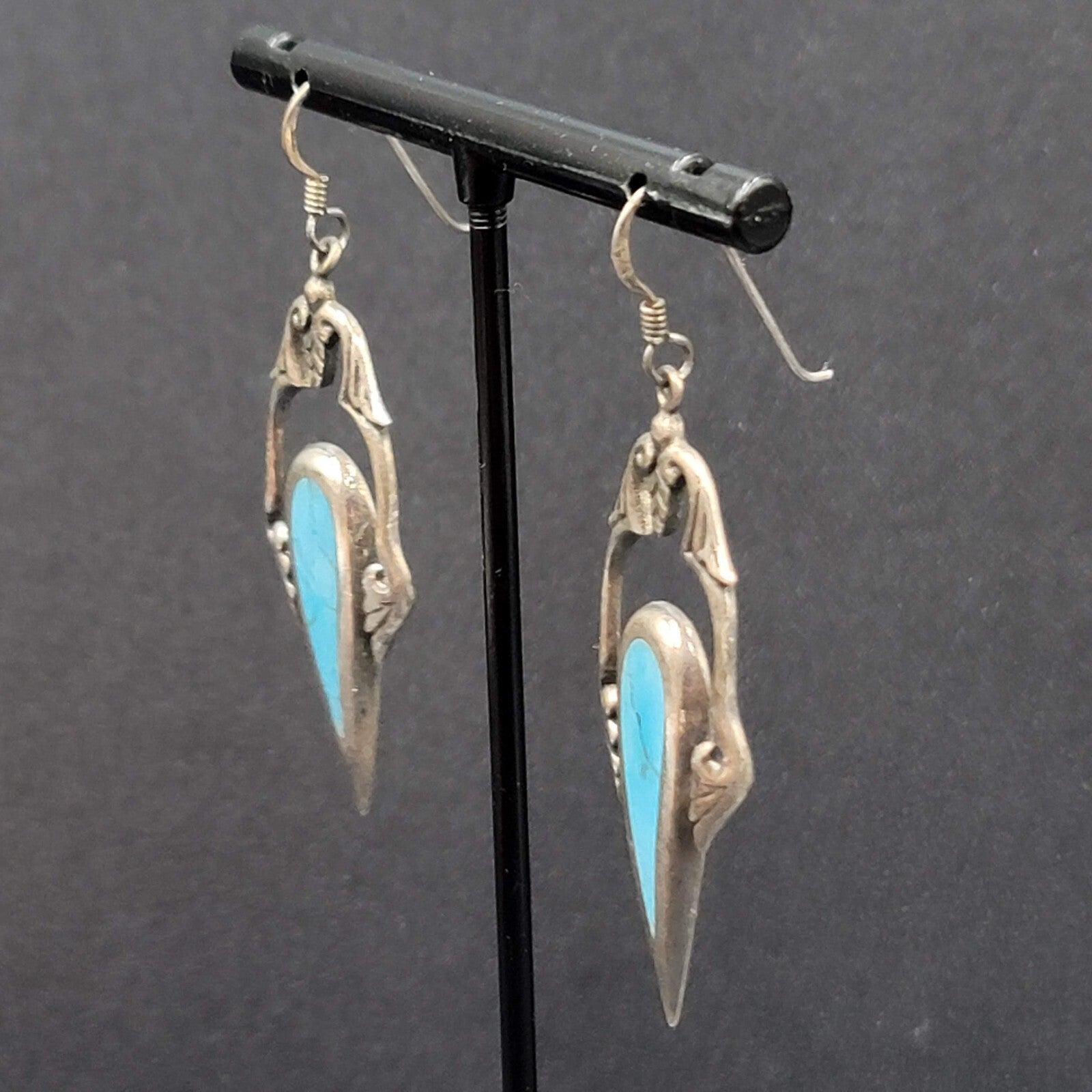 Sterling Silver Pierced Earrings Unique Blue Turquoise Dangle 1.75"