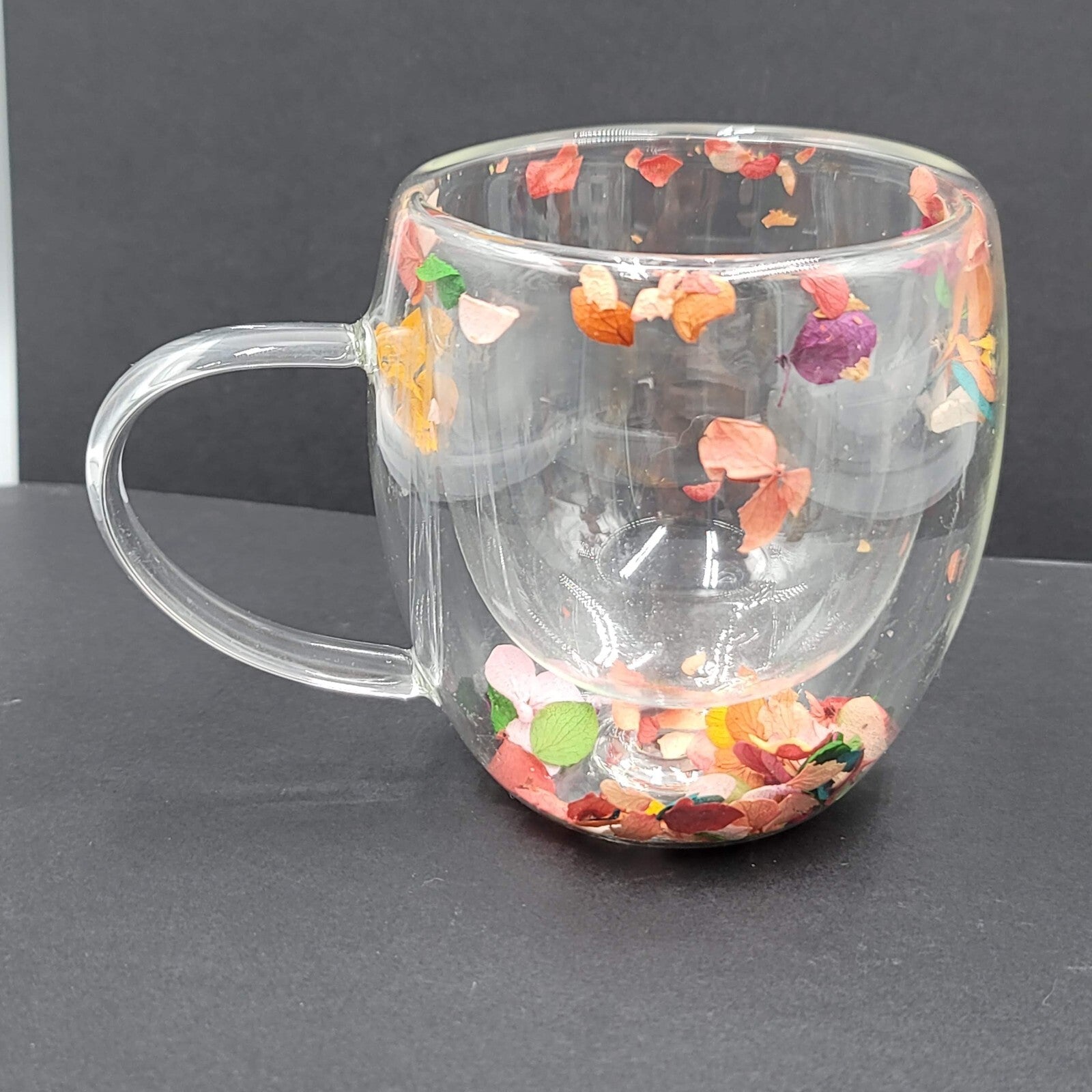 Double Wall Glass Coffee Mug with Multicolor Floating Leaves