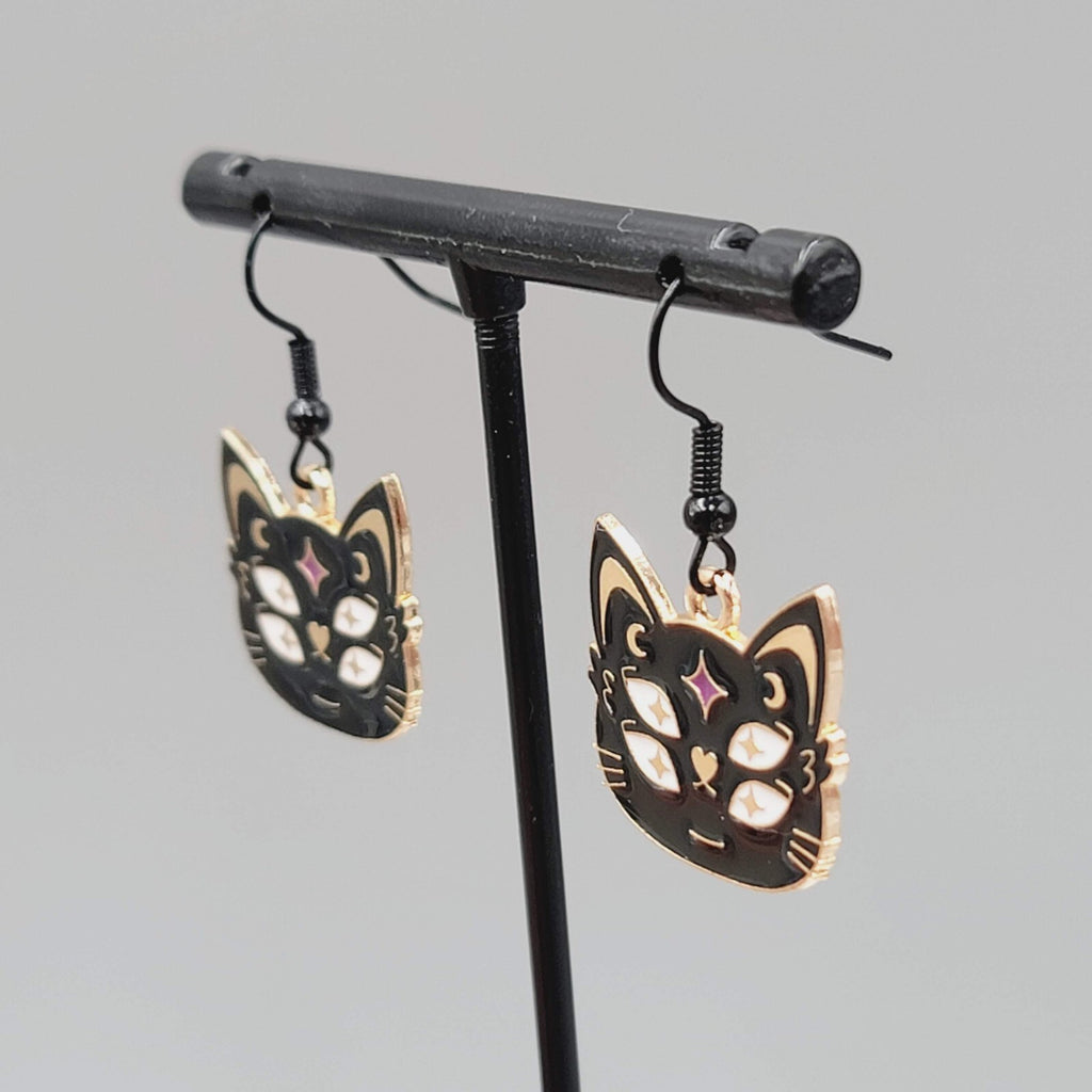 Four Eyed Black Cat Pierced Earrings Enamel Gold tone Dangle New 