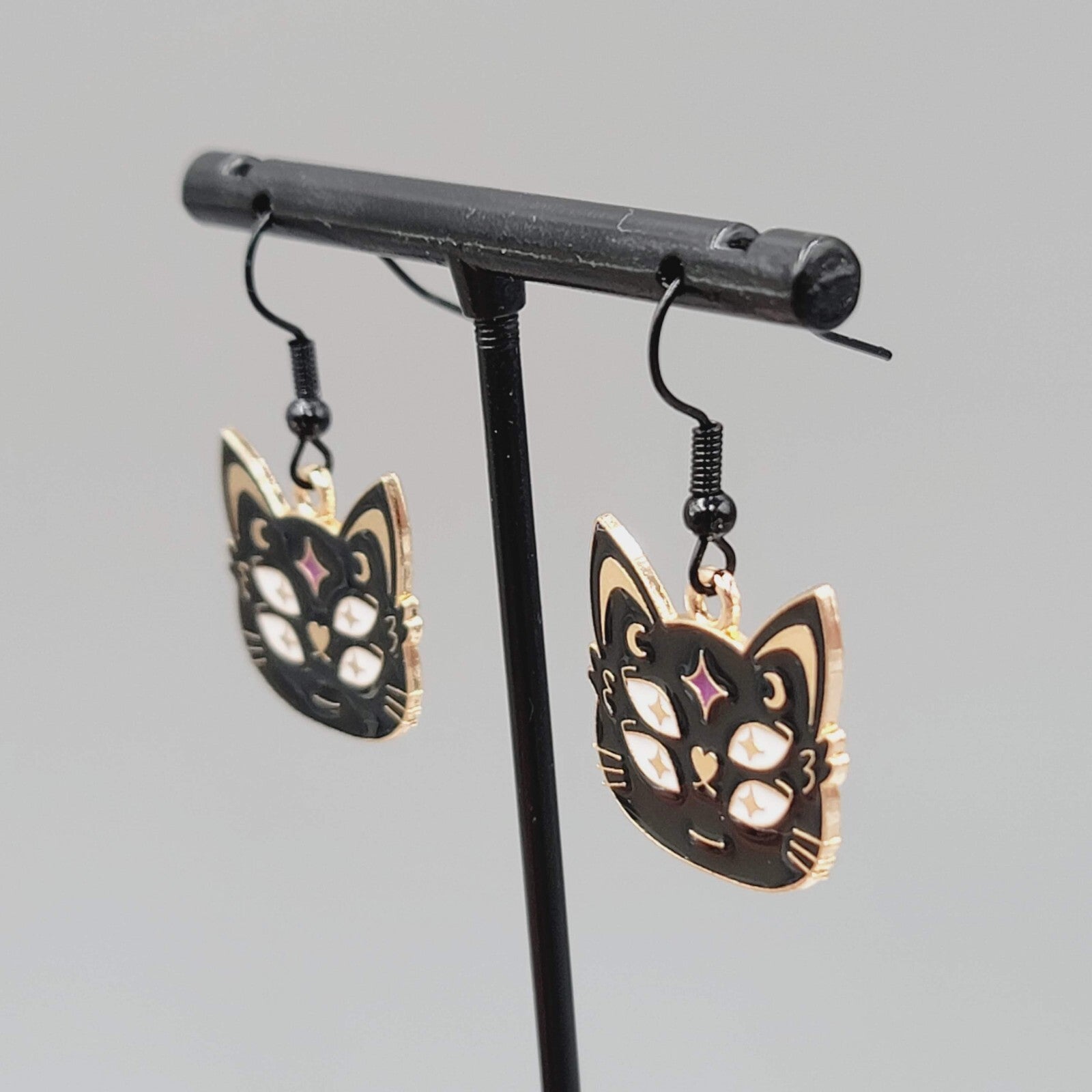 Four Eyed Black Cat Pierced Earrings Enamel Gold tone Dangle New 