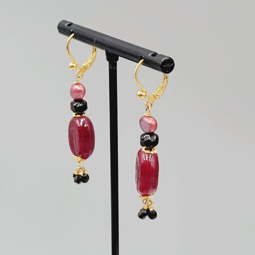 Red Glass Bead Pearl Pierced Earrings Gold tone Dangle 1.25"