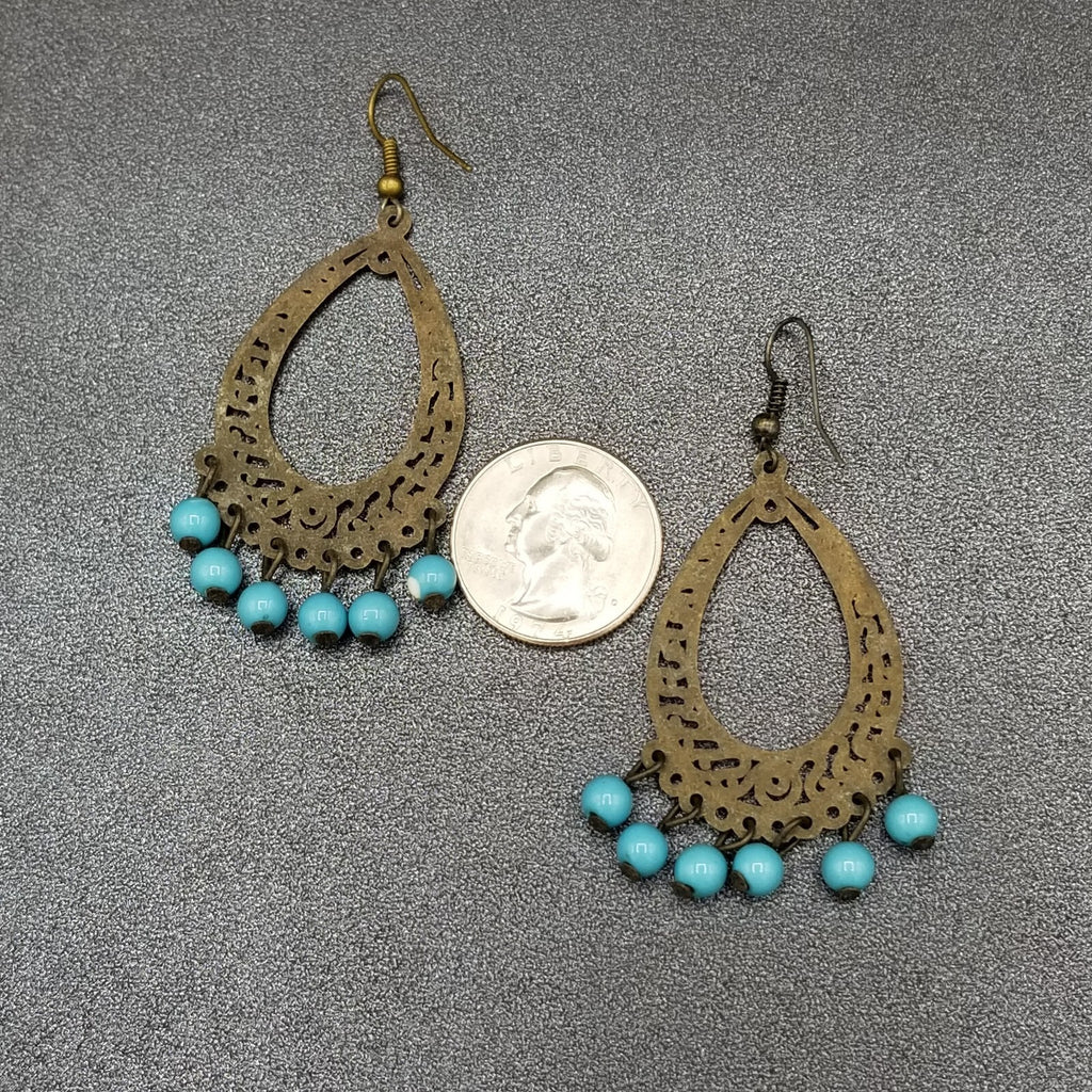 Pierced Earrings Bronze tone Chandelier Teardrop Blue Bead Dangle 2.25"