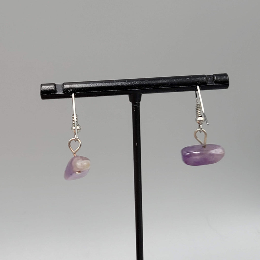 Vintage Polished Amethyst Stone Bead Pierced Earrings Silver tone Dangle  1/2 in