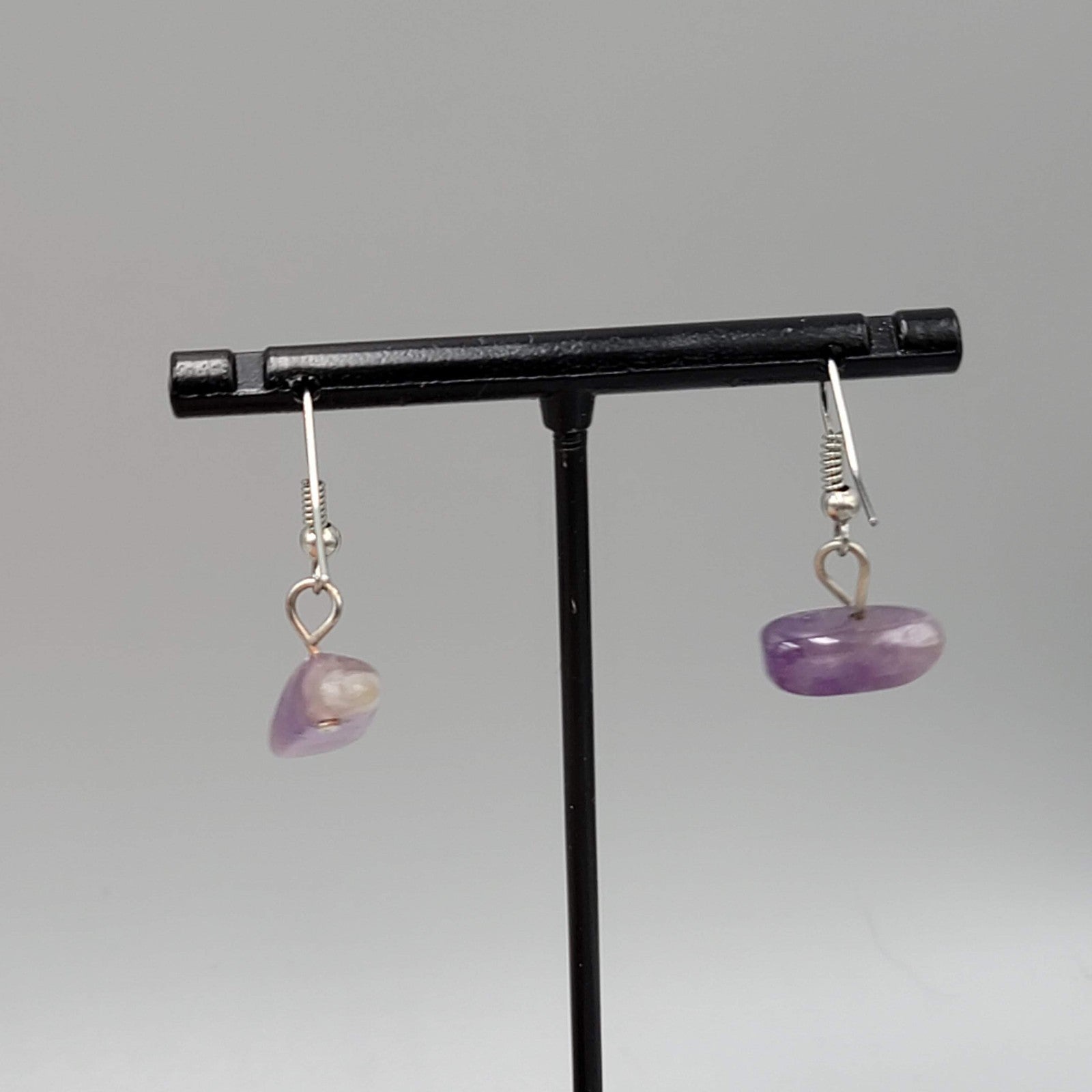 Vintage Polished Amethyst Stone Bead Pierced Earrings Silver tone Dangle  1/2 in