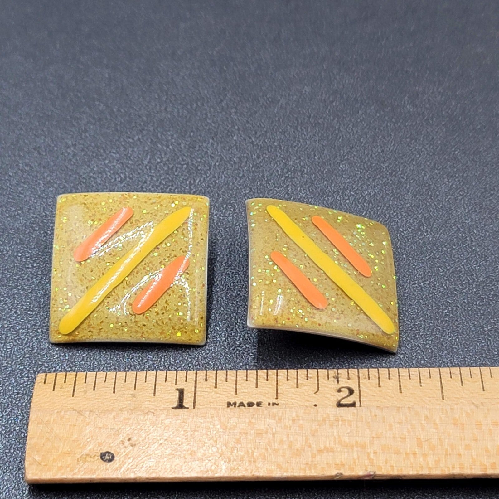 Vintage 1980s Pierced Earrings Glitter Enamel Yellow Orange Gold Square Drop 1"