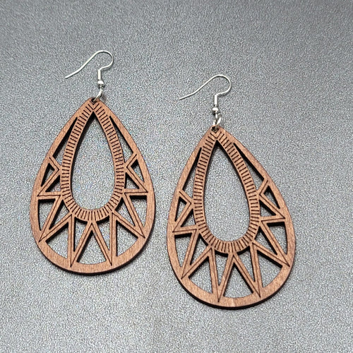 Boho Wood Pierced Earrings Laser Cut Open Teardrop 2.5"