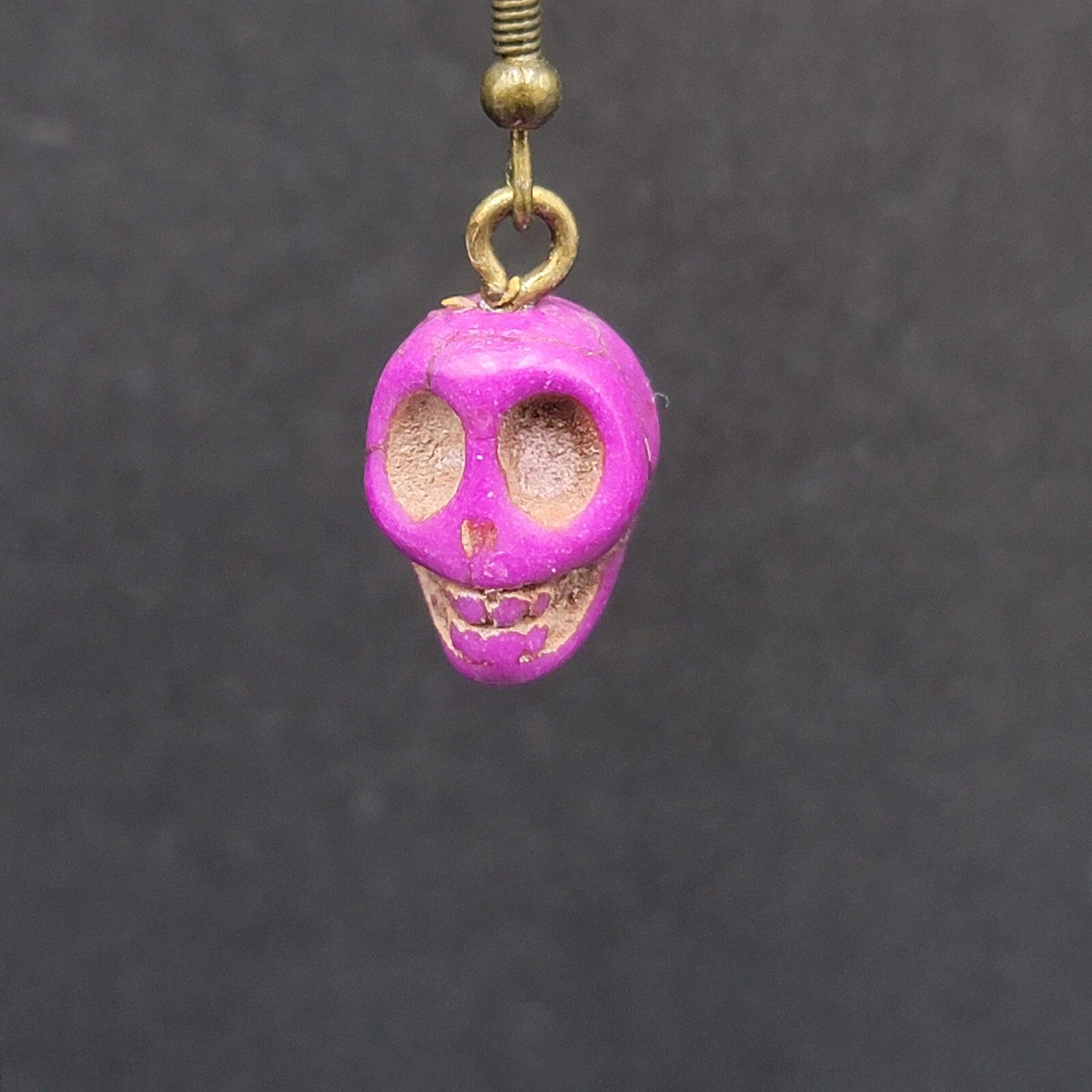 Skull Pierced Earrings Purple Howlite Stone Bead Dangle 3/4"