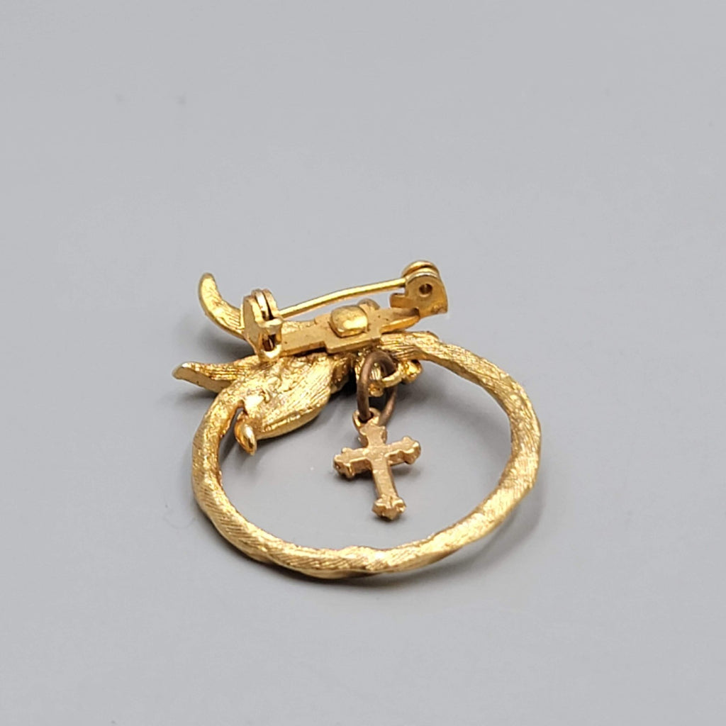 Vintage Cross Bow Blue Rhinestone Brooch Gold tone Dangle 1.25"