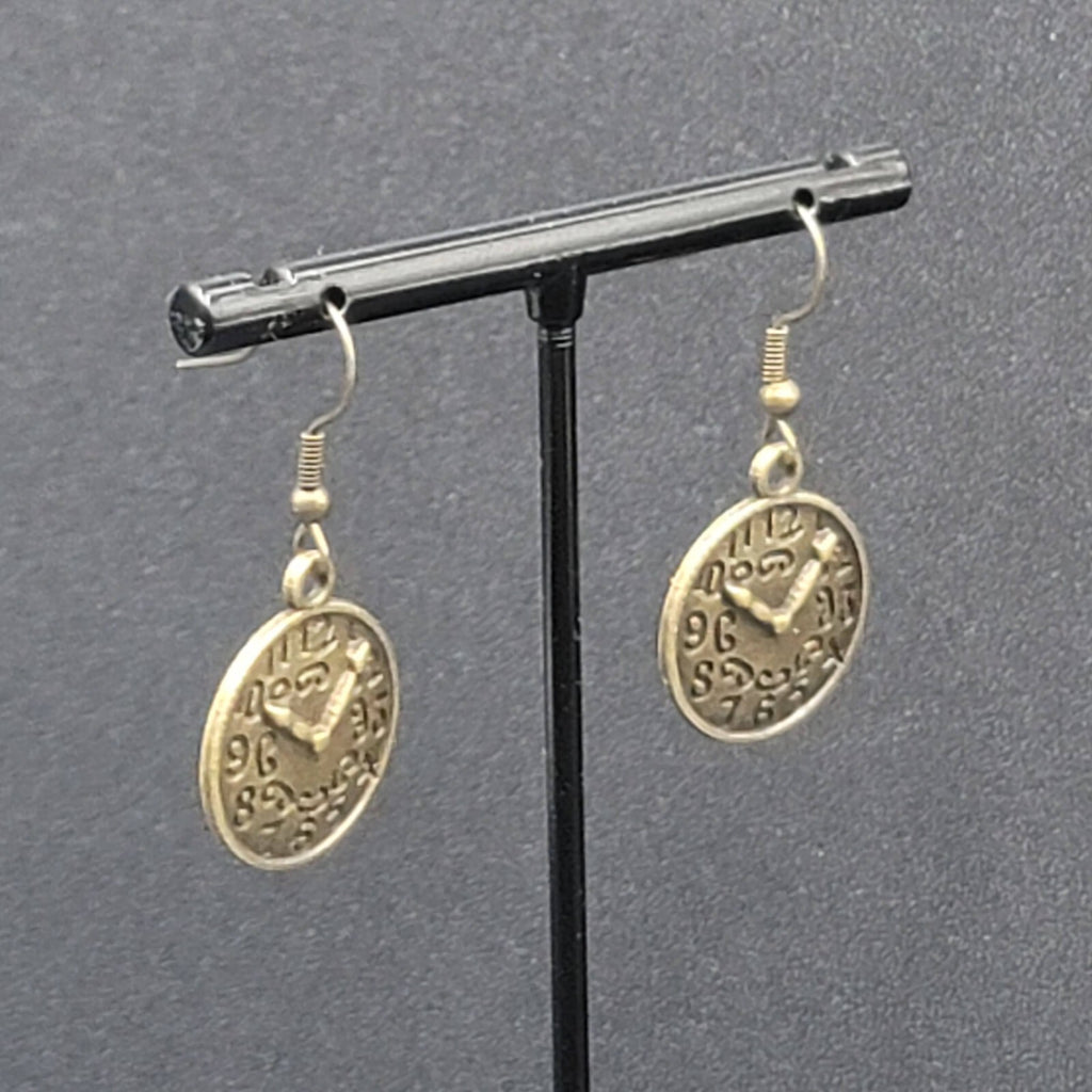 Clock Face Pierced Earrings Bronze tone Embossed Dangle 7/8"