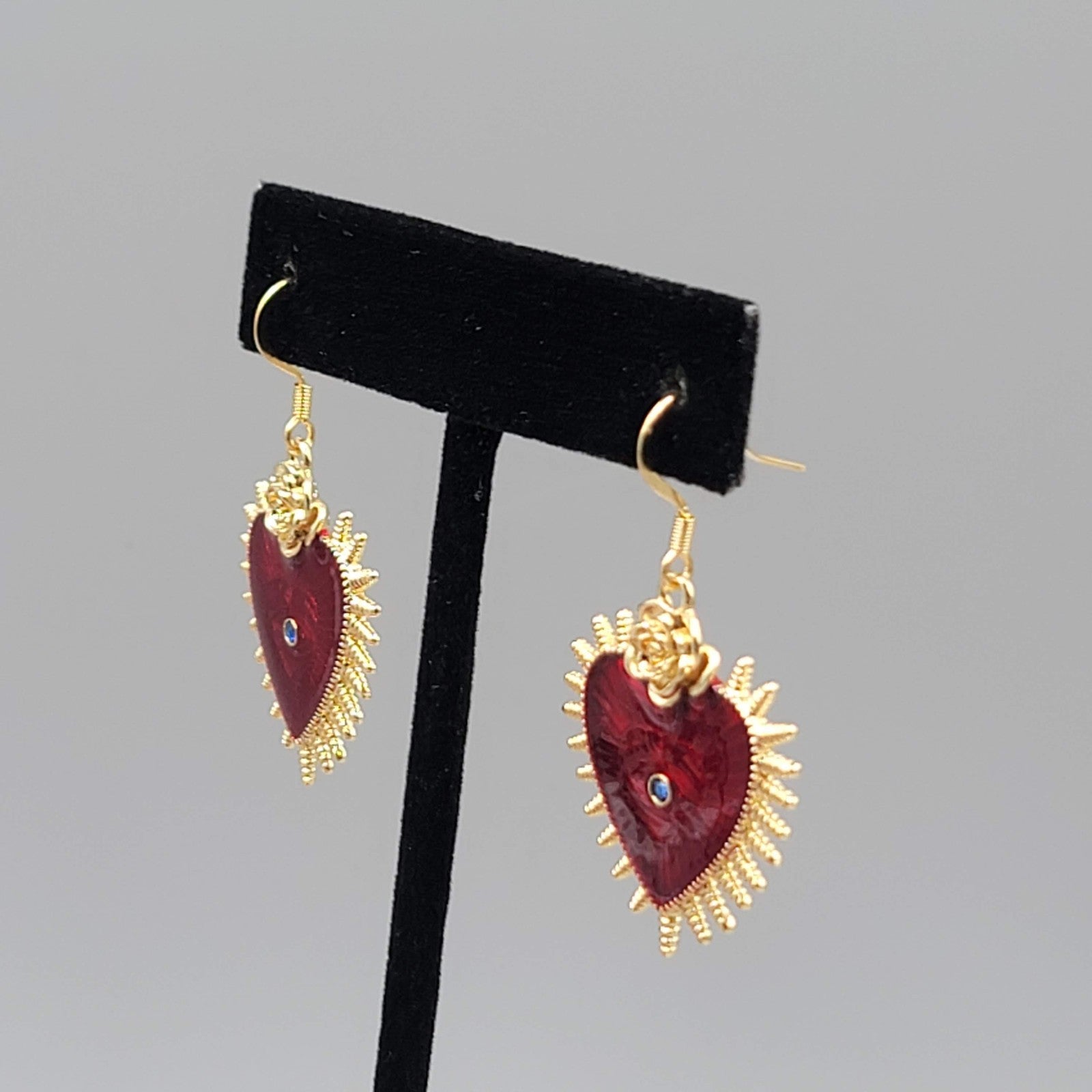 Evil Eye Red Guilloche Enamel Pierced Earrings Gold tone Dangle 1 1/8"