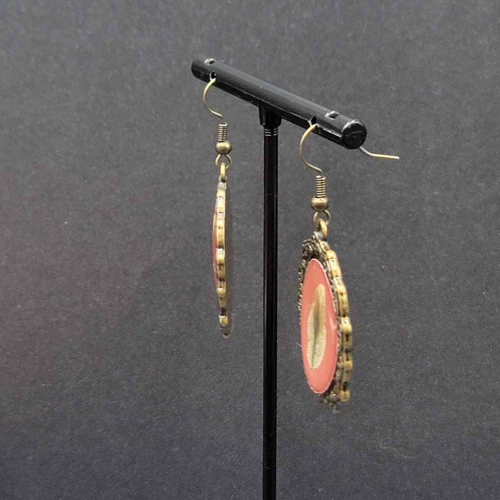 Pierced Earrings Bronze tone Oval Dangle Leaf Design Dangle 1 3/8"