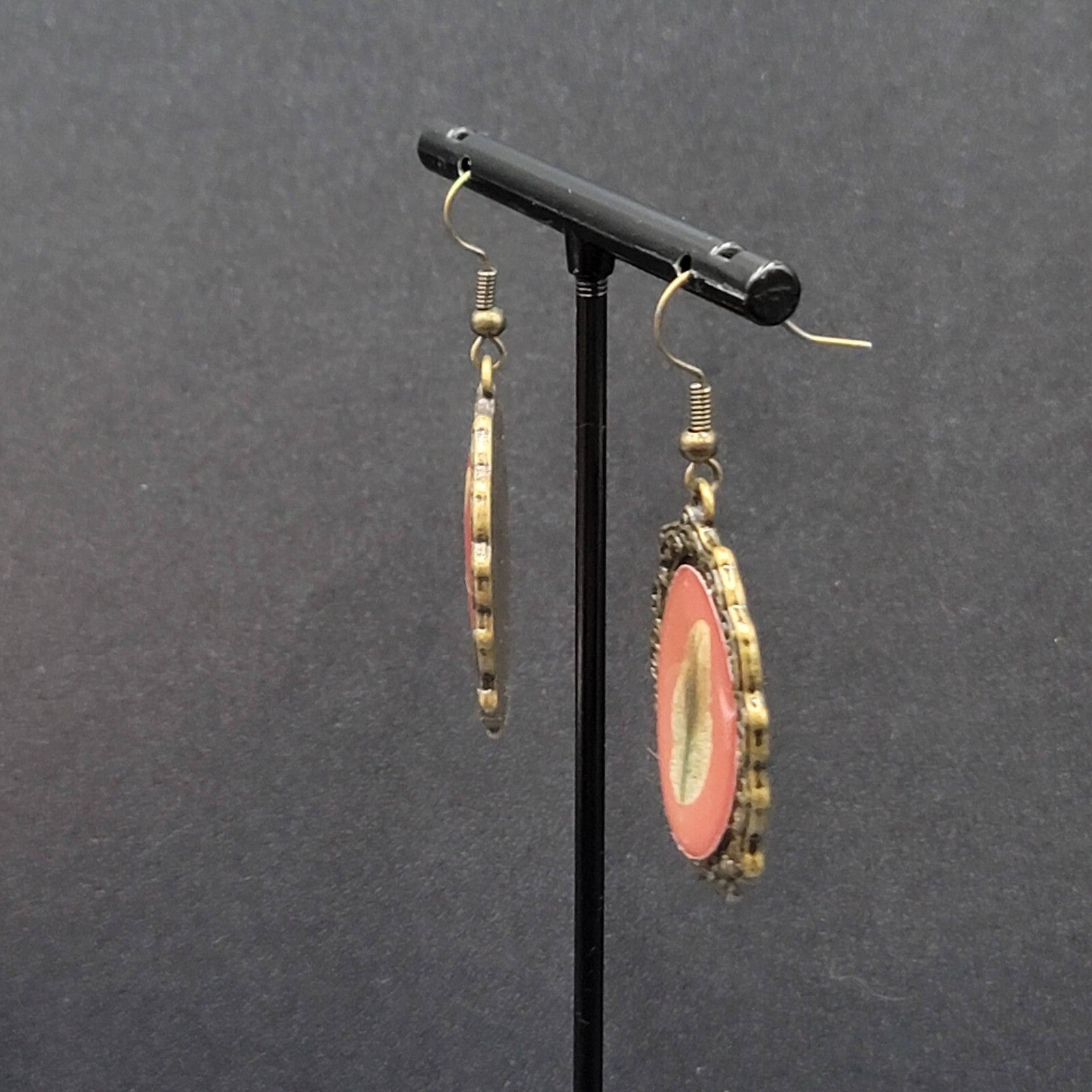 Pierced Earrings Bronze tone Oval Dangle Leaf Design Dangle 1 3/8"