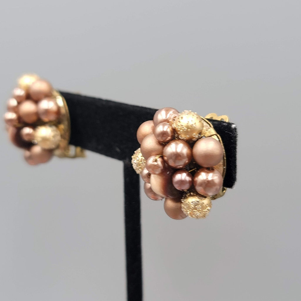 Vintage Japan Clip on Earrings Brown Cluster Bead Gold tone 7/8"
