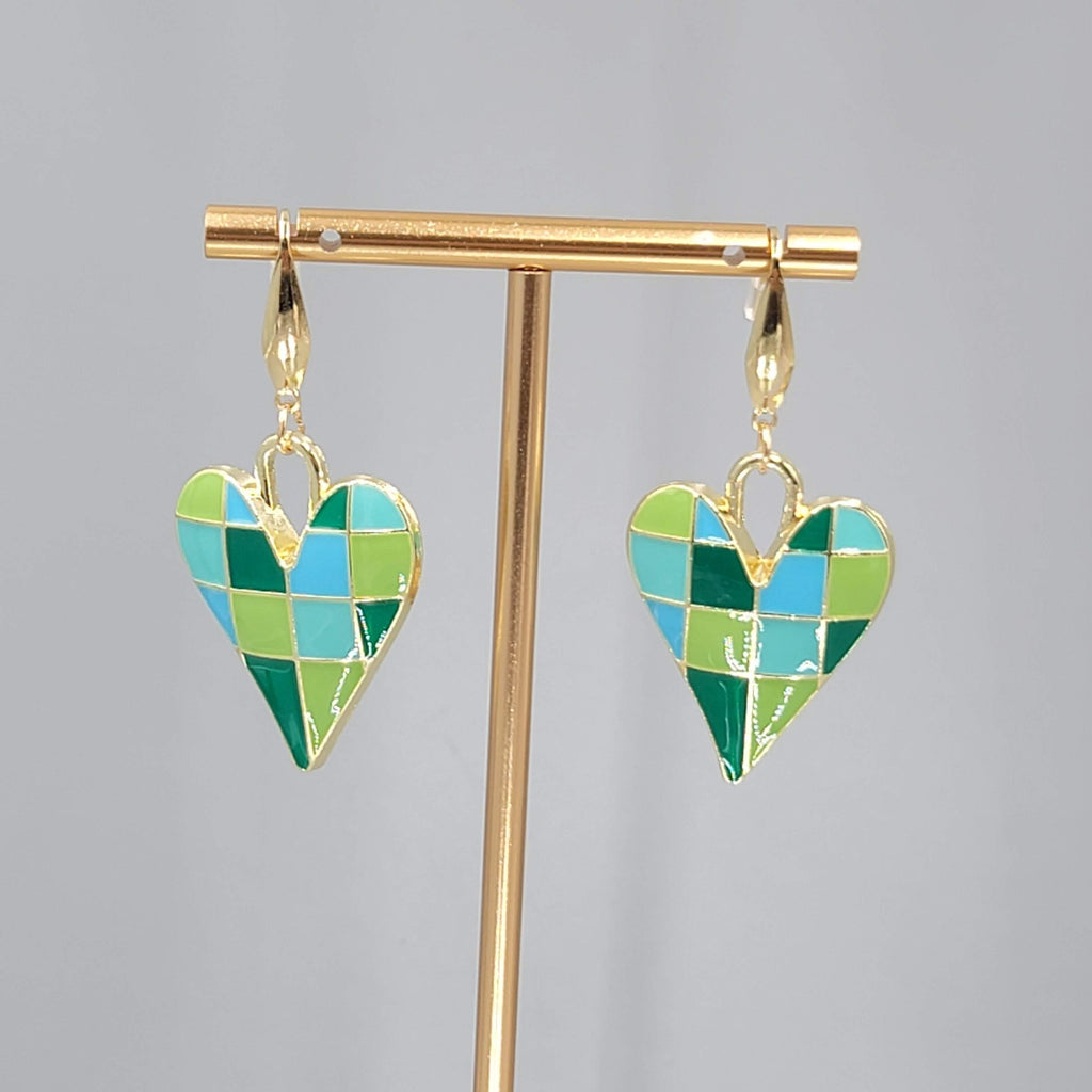 Green Enamel Checkered Heart Pierced Earrings Gold tone Dangle Large 1.5"