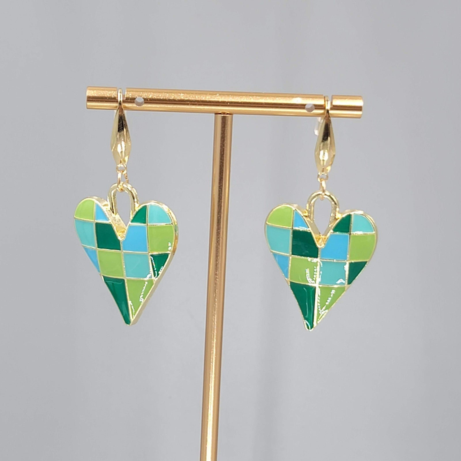 Green Enamel Checkered Heart Pierced Earrings Gold tone Dangle Large 1.5"