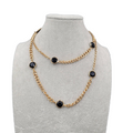 Black Glass Station Bead Necklace Gold tone Chain 36"