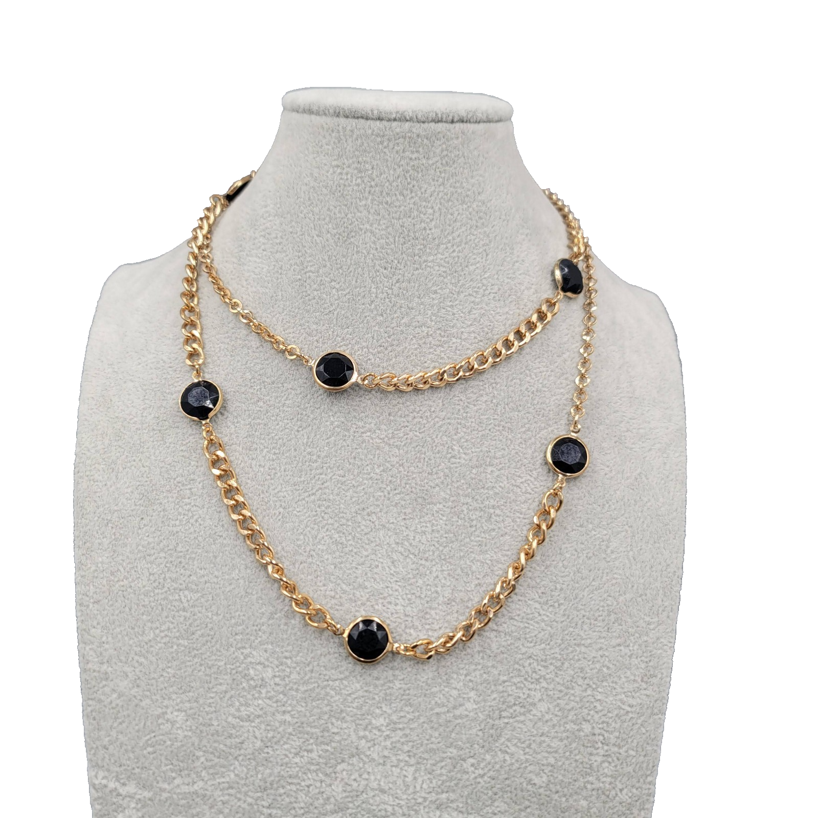 Black Glass Station Bead Necklace Gold tone Chain 36"