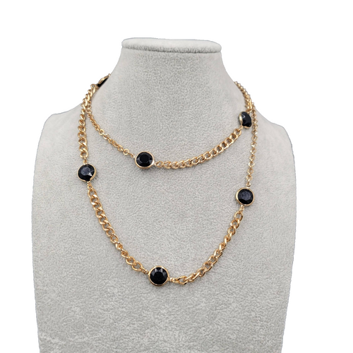 Black Glass Station Bead Necklace Gold tone Chain 36"