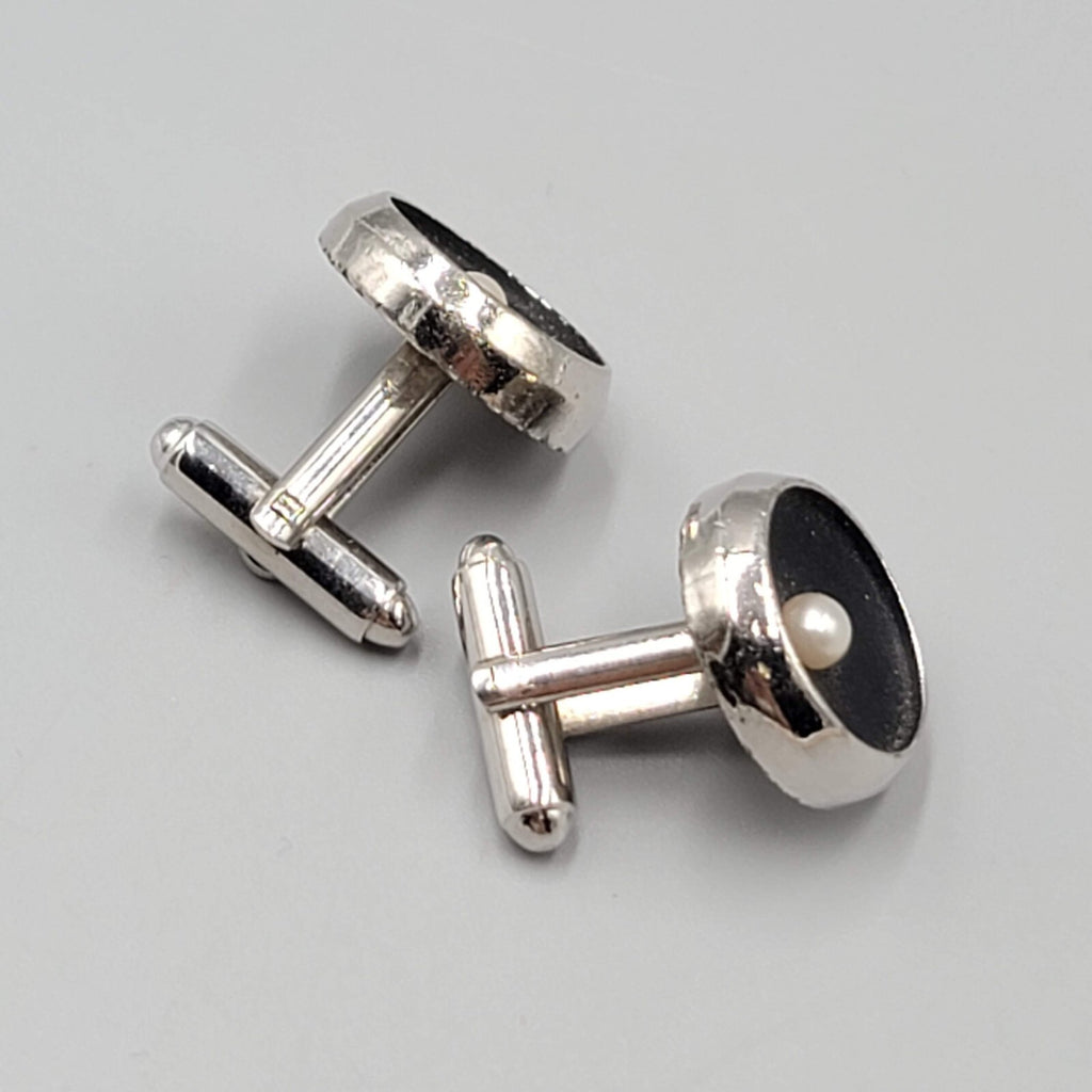 Vintage Silver tone Mens Cufflinks Black Faux Pearl Mens Estate Jewelry 3/4"