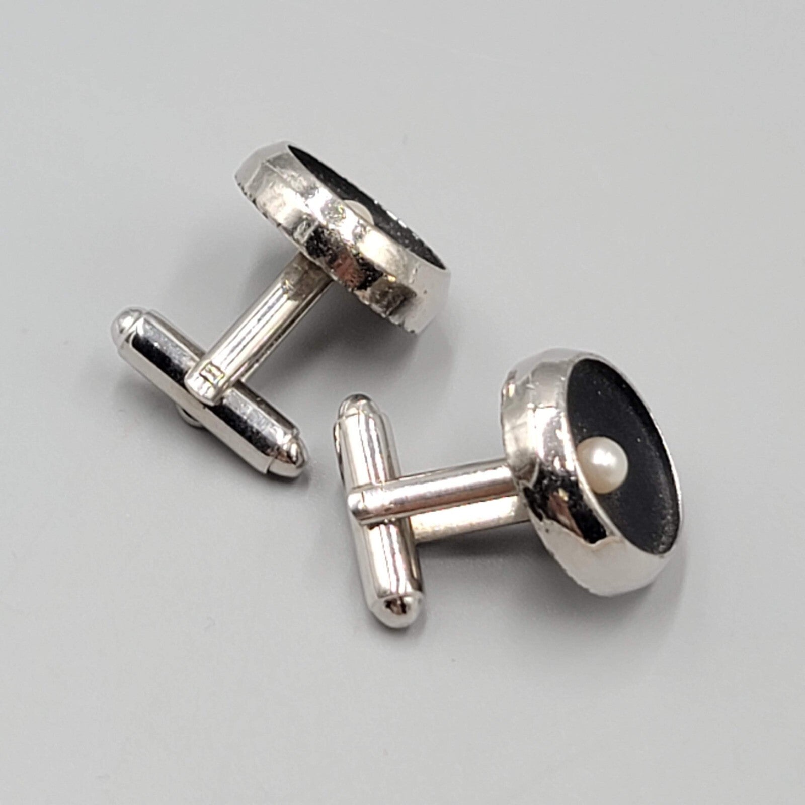 Vintage Silver tone Mens Cufflinks Black Faux Pearl Mens Estate Jewelry 3/4"