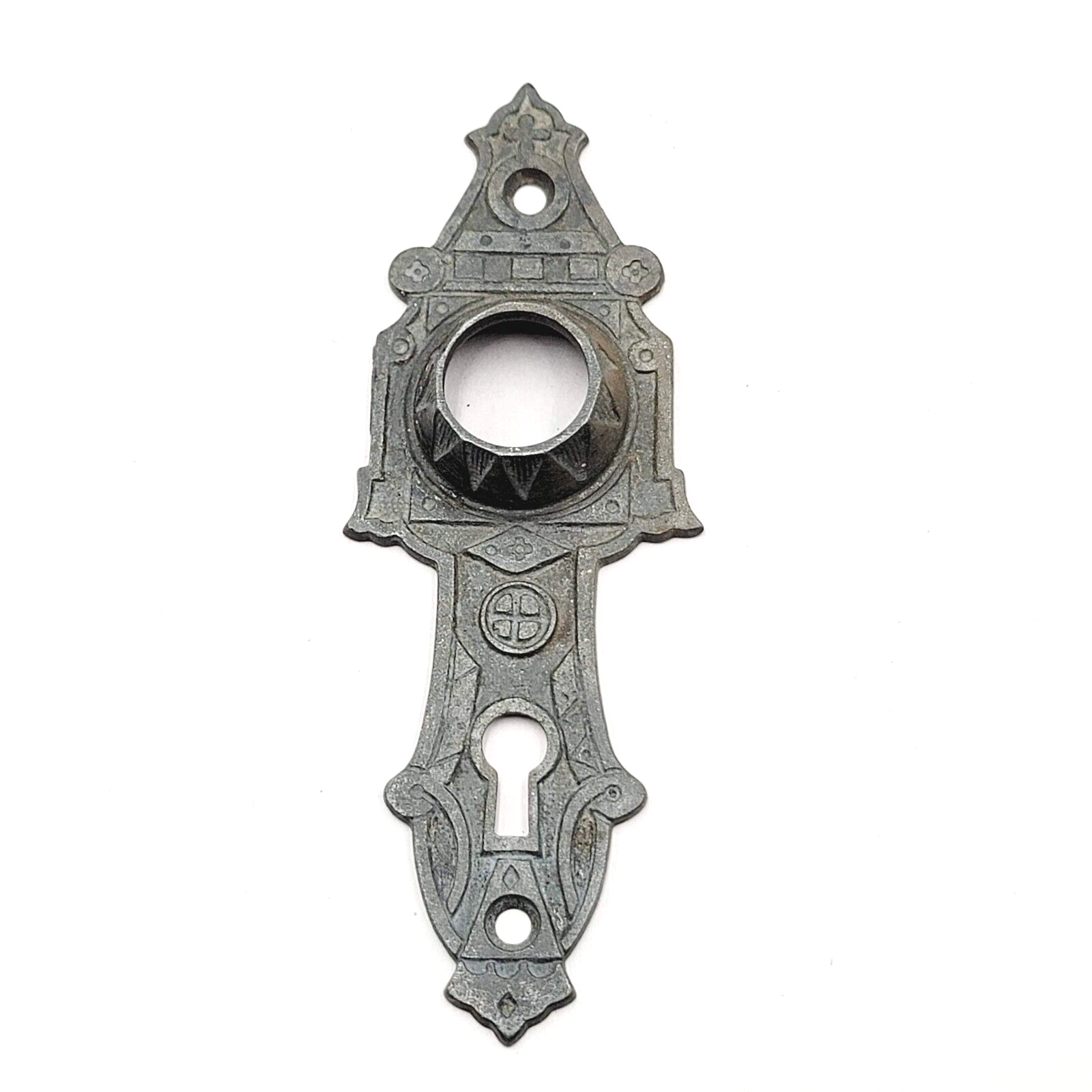 Vintage Cast Iron Doorknob Back Plate Skeleton Keyhole Ornate 5.75"x2" holes 2.2