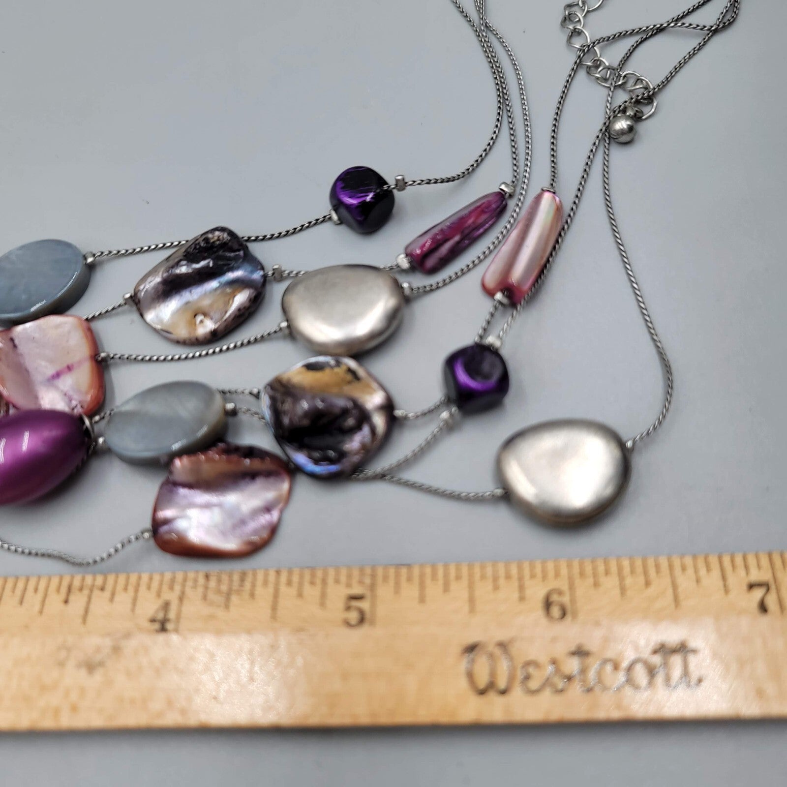 Triple Strand Necklace Purple Gray Shell Station Bead Silver tone  18"