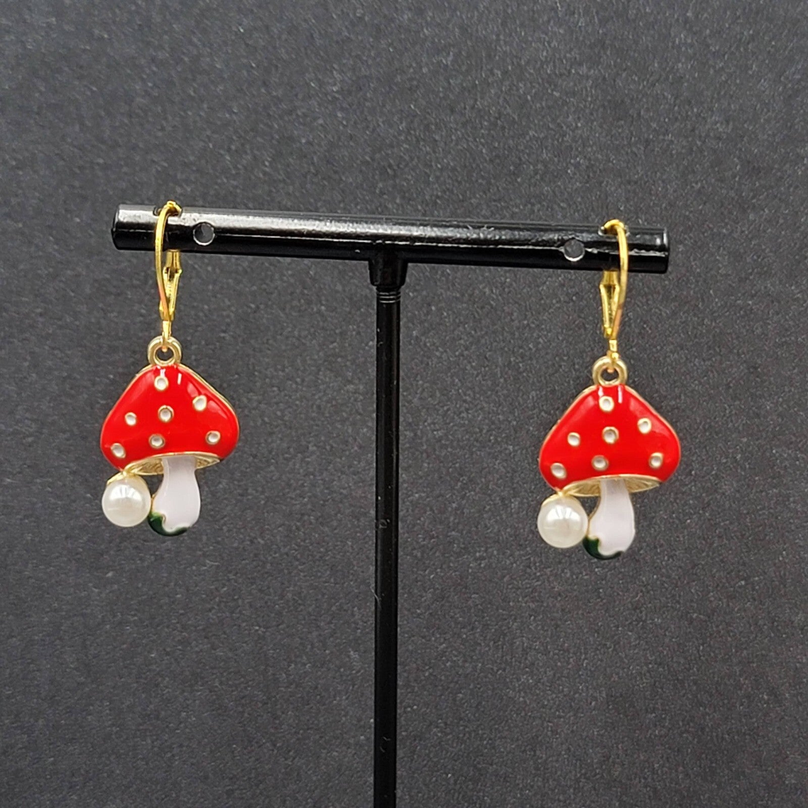 Mushroom Pierced Earrings Faux Pearl Enamel Red White Polka Dot Dangle 3/4"