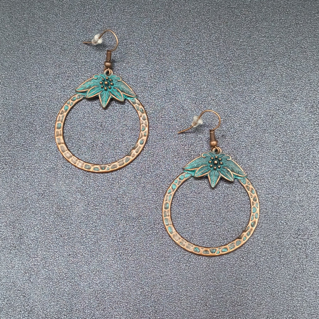 Pierced Earrings Copper tone Green Enamel Flower Open Disc Dangle Boho 1 5/8"