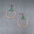 Pierced Earrings Copper tone Green Enamel Flower Open Disc Dangle Boho 1 5/8"