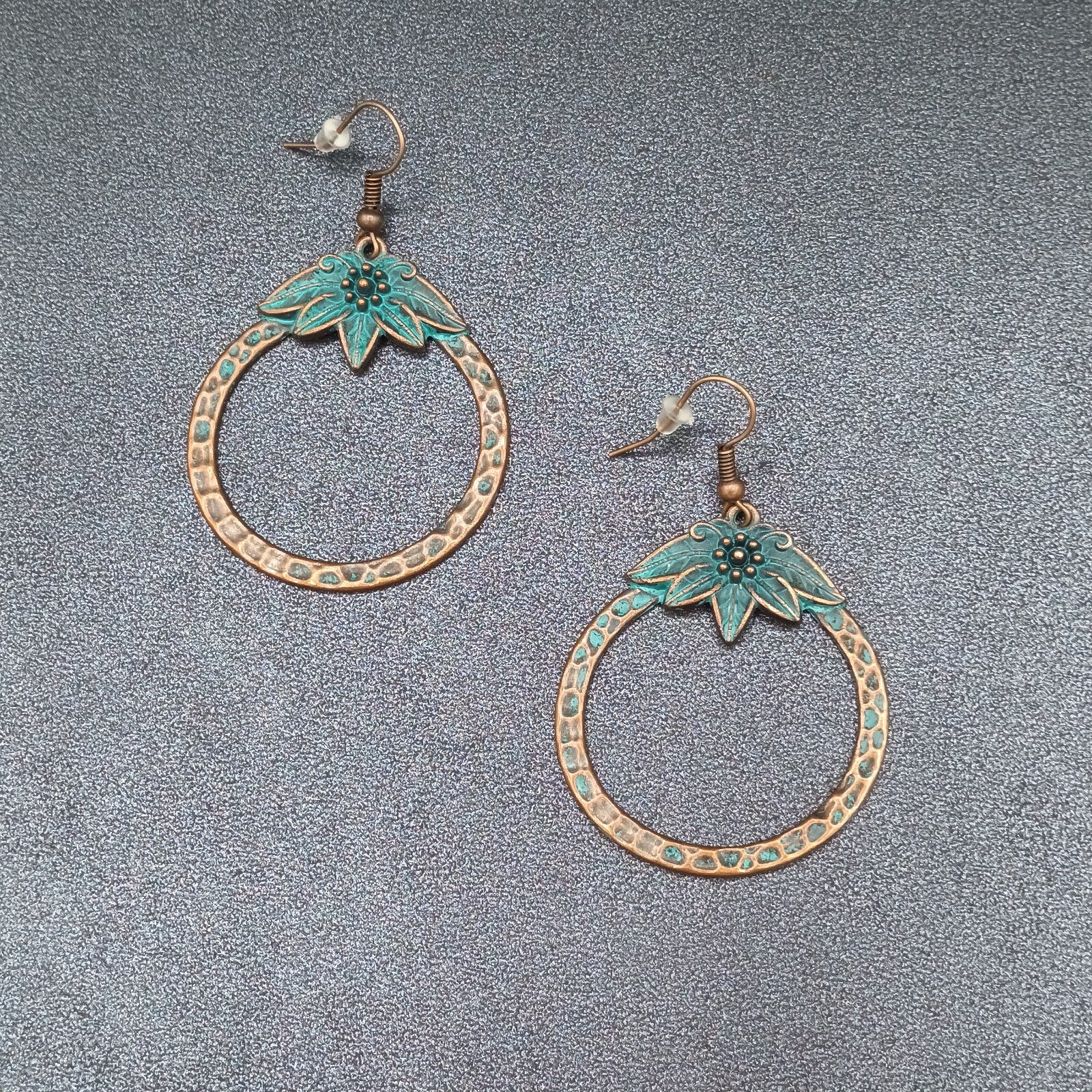 Pierced Earrings Copper tone Green Enamel Flower Open Disc Dangle Boho 1 5/8"