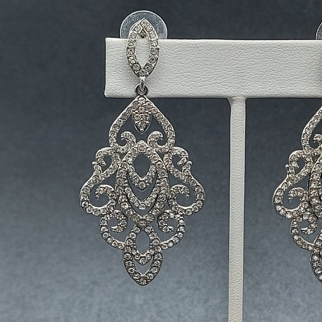 Pierced Earrings Silver tone Dangle Teardrop Crystal 2.5" Wedding Prom Statement