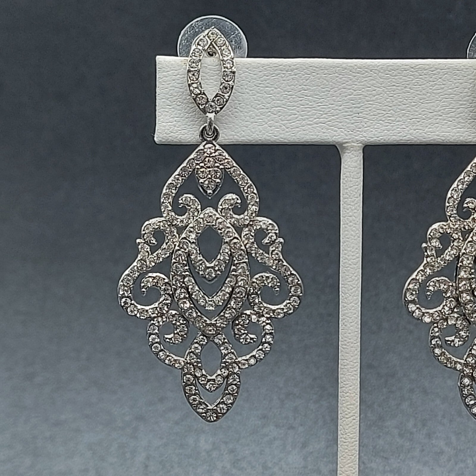 Pierced Earrings Silver tone Dangle Teardrop Crystal 2.5" Wedding Prom Statement