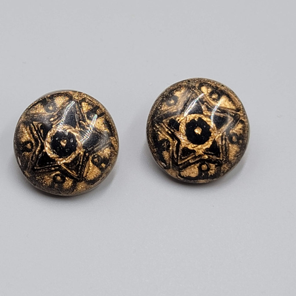 Vintage Star Resin Pierced Earrings Black Gold Round Domed 1"