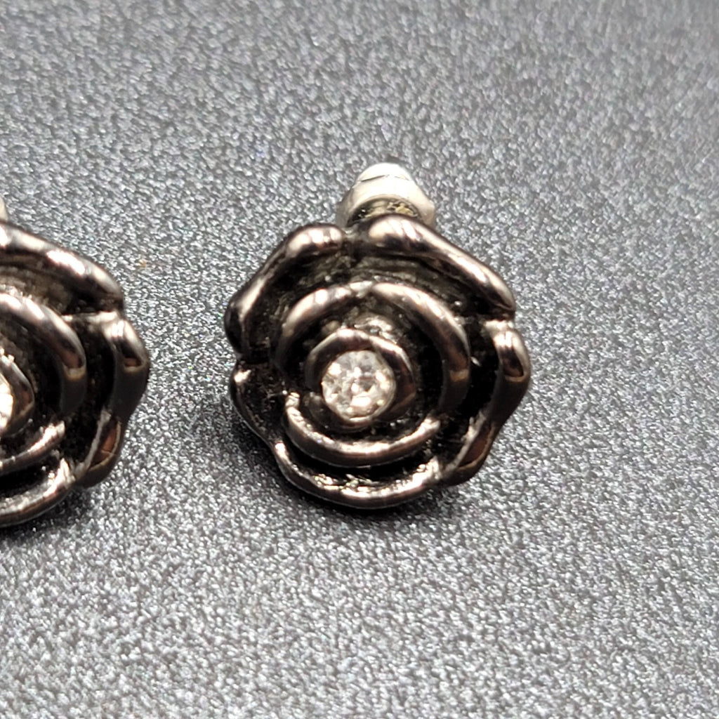 Pierced Earrings Black Metal Rose Flower Studs Crystal Center 1/2"
