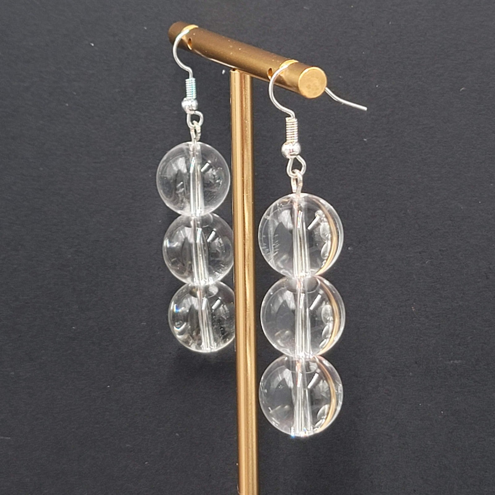 Sphere Glass Bead Dangle Pierced Earrings Silver tone 1.75"