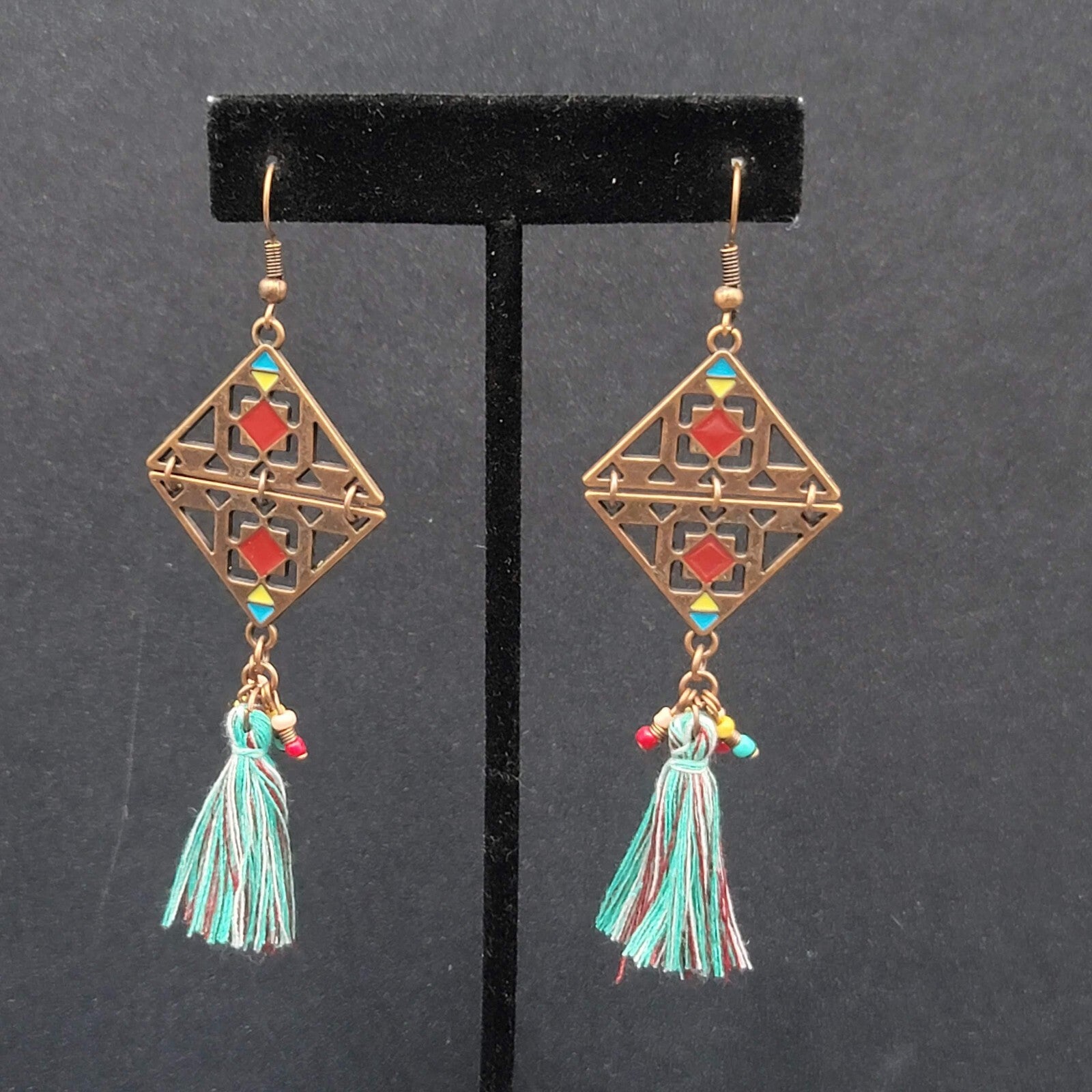 New Boho Pierced Earrings Copper tone Enamel Blue Tassel Long 3"