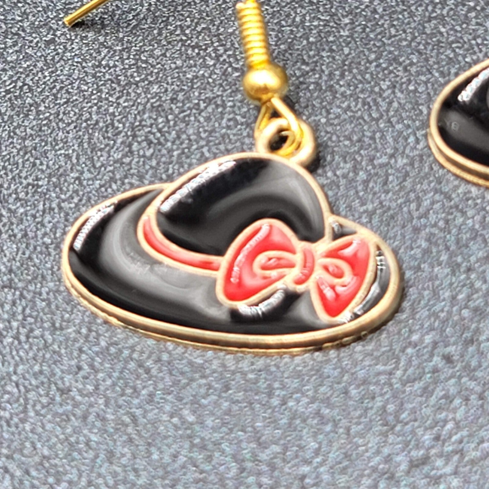 Hat Pierced Earrings Gold tone Red Black Enamel Dangle 5/8"