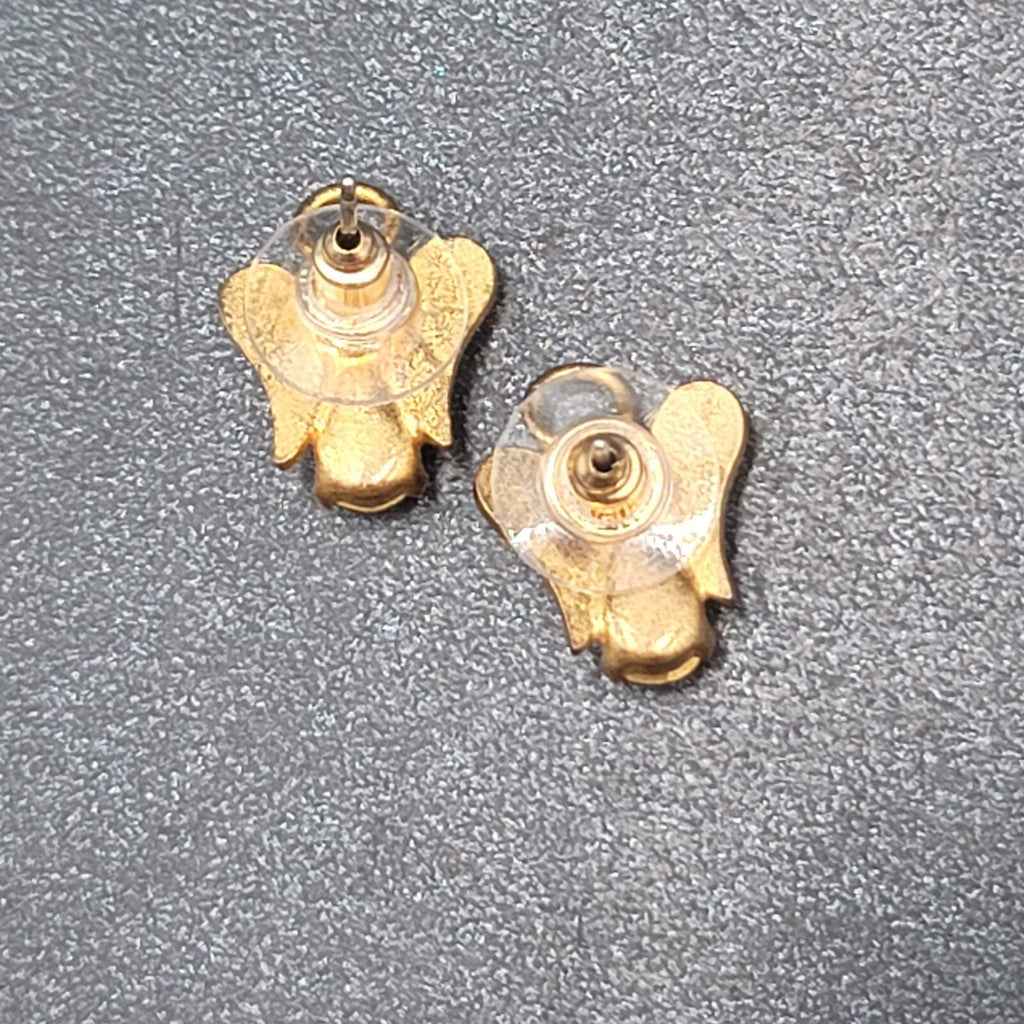 Vintage Pierced Earrings Gold tone Open Angel Blue Crystal Studs 5/8"