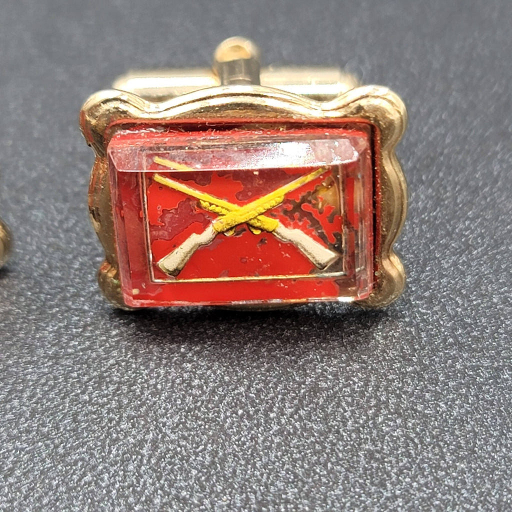 Crossed Rifle Long Gun Cufflinks Gold tone Red Resin Rectangle 3/4"