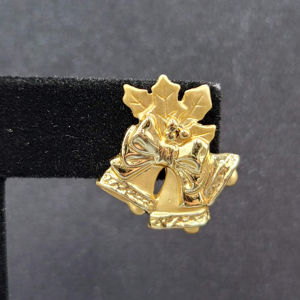 Christmas Bells Pierced Earrings Gold tone Holly Drop 7/8"