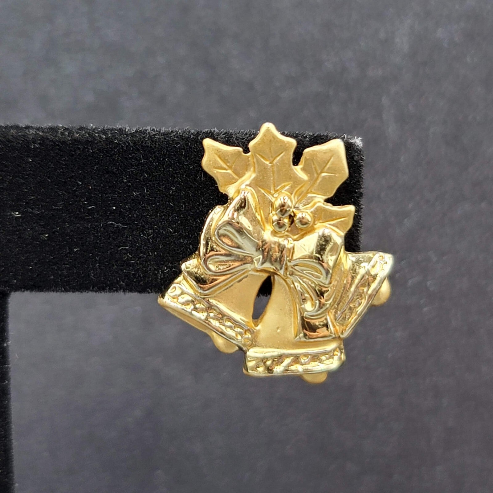 Christmas Bells Pierced Earrings Gold tone Holly Drop 7/8"