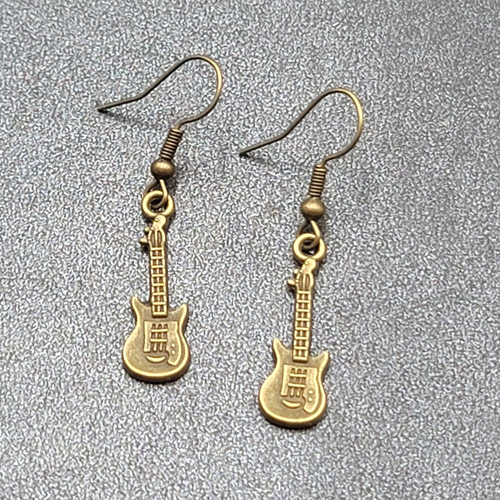 Electric Guitar Pierced Earrings Bronze tone Embossed Dangle 1"