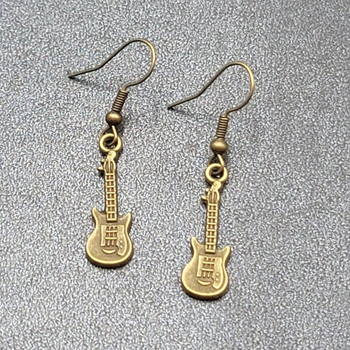 Electric Guitar Pierced Earrings Bronze tone Embossed Dangle 1"