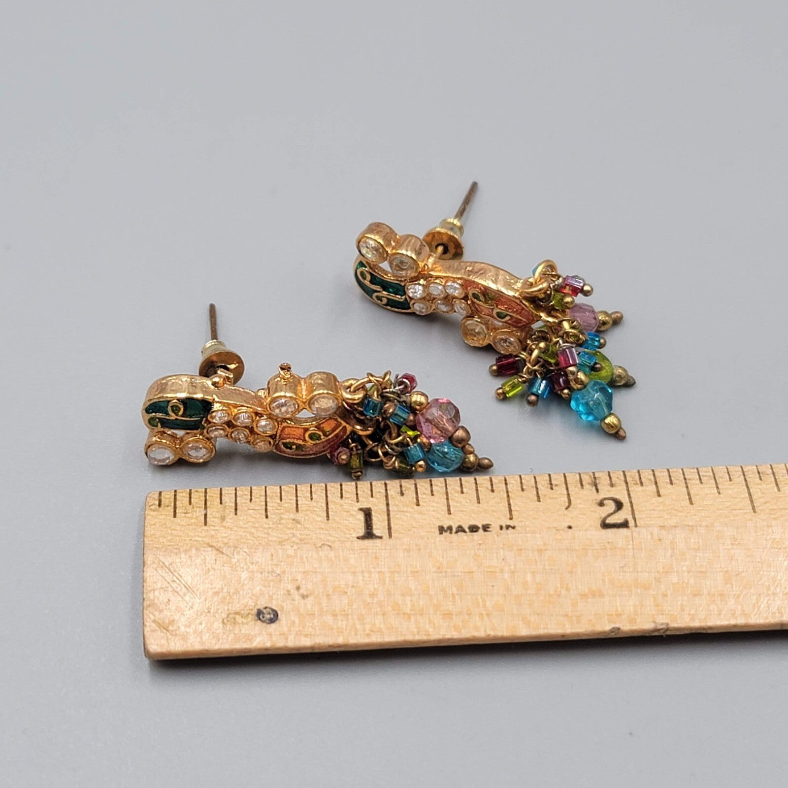 Vintage Bollywood Pierced Earrings Goldtone Intricate Multicolor Rhinestone 1.5"