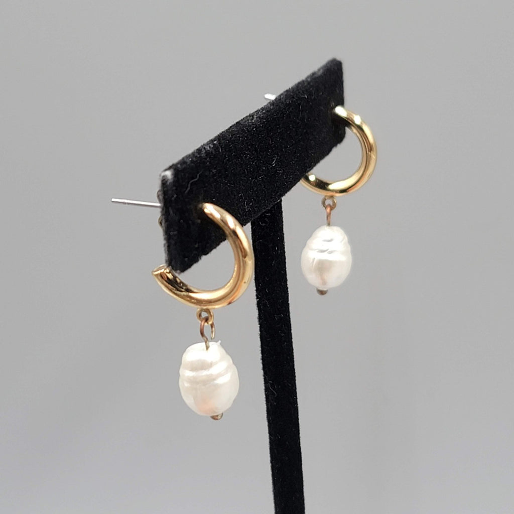 Hoop Pierced Earrings Gold tone White Bead Dangle 1.25 in