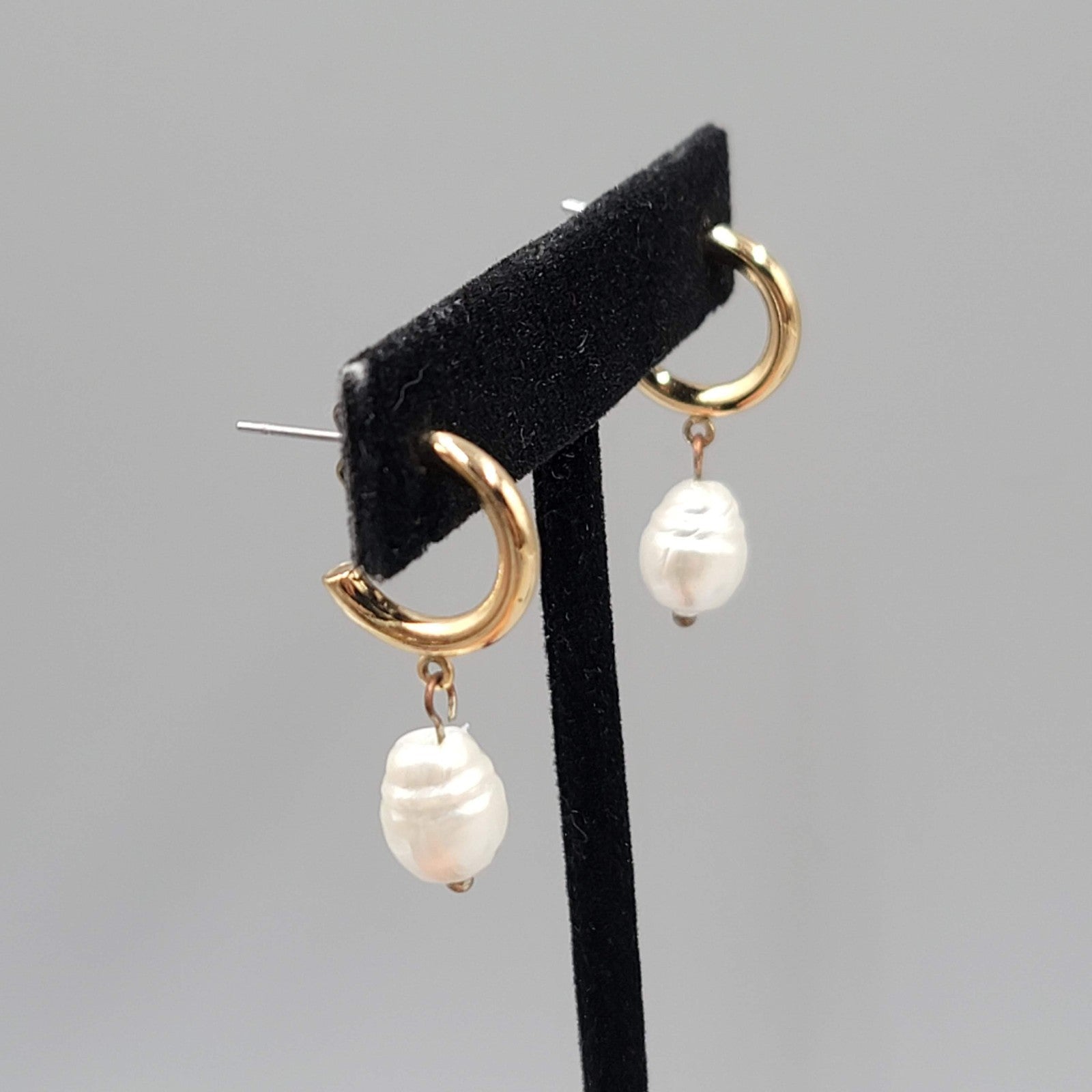 Hoop Pierced Earrings Gold tone White Bead Dangle 1.25 in